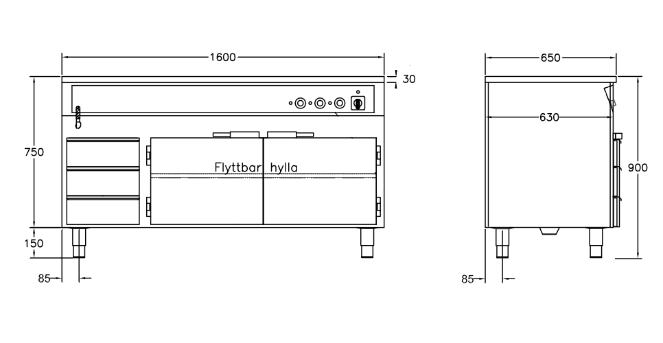 GastroTeknik - Vattenbad - 1600 x 650 x 900 mm -Underbyggt värmeskåp - 3 st värmda draglådor - Hel brunn med avdelare - 4 GN 1/1