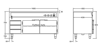 GastroTeknik - Vattenbad - 1600 x 650 x 900 mm -Underbyggt värmeskåp - 3 st värmda draglådor - Hel brunn med avdelare - 4 GN 1/1