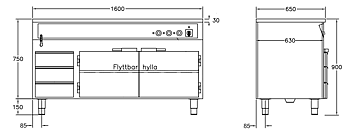 GastroTeknik - Vattenbad - 1600 x 650 x 900 mm -Underbyggt värmeskåp - 3 st värmda draglådor - Hel brunn med avdelare - 4 GN 1/1