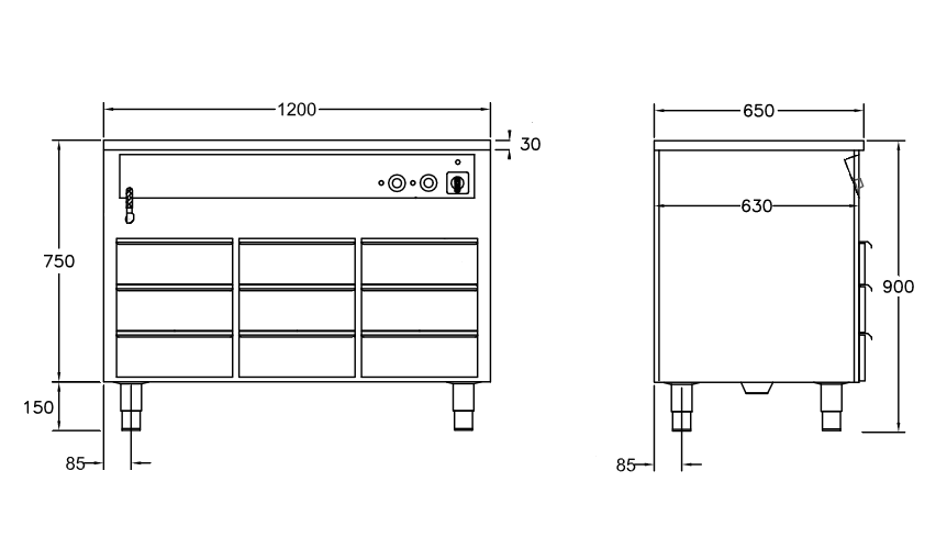 GastroTeknik - Vattenbad - 1200 x 650 x 900 mm - 9 st värmda draglådor - Hel brunn med avdelare - 3 GN 1/1