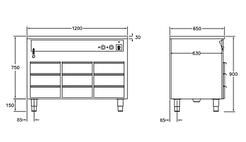 GastroTeknik - Vattenbad - 1200 x 650 x 900 mm - 9 st värmda draglådor - Hel brunn med avdelare - 3 GN 1/1