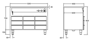GastroTeknik - Vattenbad - 1200 x 650 x 900 mm - 9 st värmda draglådor - Hel brunn med avdelare - 3 GN 1/1