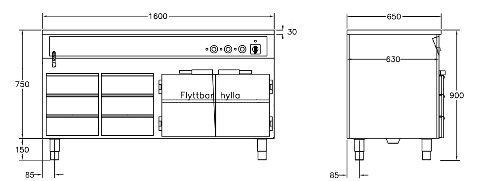 GastroTeknik - Vattenbad - 1600 x 650 x 900 mm - Underbyggt värmeskåp - 6 st värmda draglådor - Hel brunn med avdelare - 4 GN 1/1
