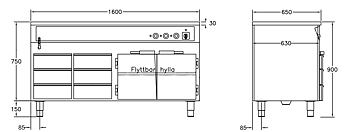 GastroTeknik - Vattenbad - 1600 x 650 x 900 mm - Underbyggt värmeskåp - 6 st värmda draglådor - Hel brunn med avdelare - 4 GN 1/1