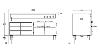 GastroTeknik - Vattenbad - 1600 x 650 x 900 mm - Underbyggt värmeskåp - 6 st värmda draglådor - Hel brunn med avdelare - 4 GN 1/1