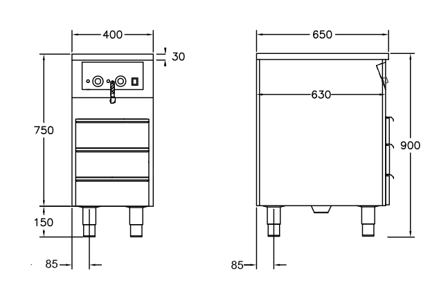 GastroTeknik - Vattenbad - 400 x 650 x 900 mm - 3 st värmda draglådor