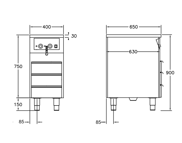 GastroTeknik - Vattenbad - 400 x 650 x 900 mm - 3 st värmda draglådor