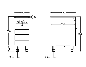GastroTeknik - Vattenbad - 400 x 650 x 900 mm - 3 st värmda draglådor