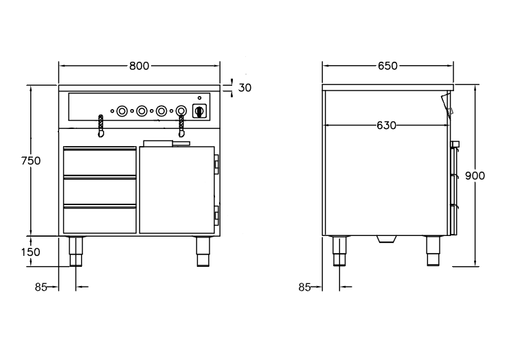GastroTeknik - Vattenbad - 800 x 650 x 900 mm - Underbyggt värmeskåp - 3 st värmda draglådor - 2 st brunnar