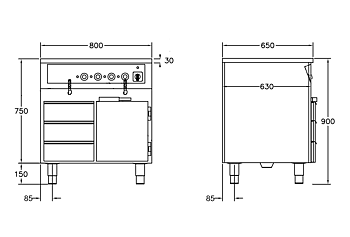 GastroTeknik - Vattenbad - 800 x 650 x 900 mm - Underbyggt värmeskåp - 3 st värmda draglådor - 2 st brunnar