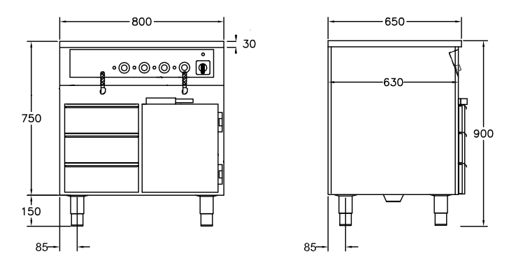 GastroTeknik - Vattenbad - 800 x 650 x 900 mm - Underbyggt värmeskåp - 3 st värmda draglådor - 2 st brunnar