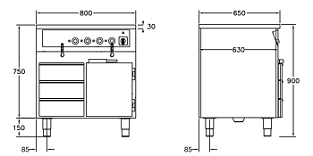 GastroTeknik - Vattenbad - 800 x 650 x 900 mm - Underbyggt värmeskåp - 3 st värmda draglådor - 2 st brunnar