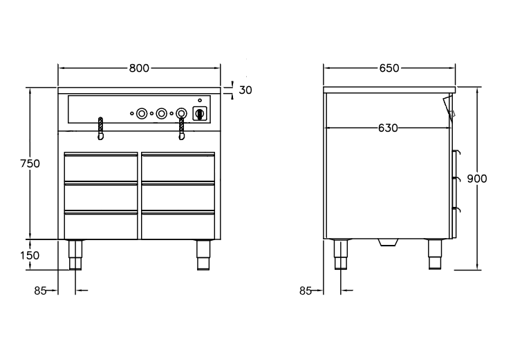 GastroTeknik - Vattenbad - 800 x 650 x 900 mm - 6 st värmda draglådor - 2 st brunnar