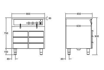 GastroTeknik - Vattenbad - 800 x 650 x 900 mm - 6 st värmda draglådor - 2 st brunnar