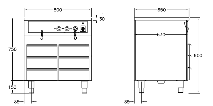 GastroTeknik - Vattenbad - 800 x 650 x 900 mm - 6 st värmda draglådor - 2 st brunnar