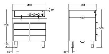 GastroTeknik - Vattenbad - 800 x 650 x 900 mm - 6 st värmda draglådor - 2 st brunnar