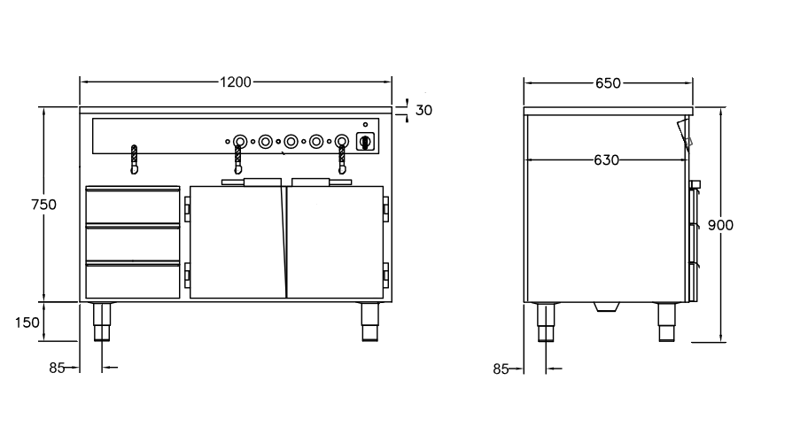 GastroTeknik - Vattenbad - 1200 x 650 x 900 mm - Underbyggt värmeskåp - 3 st värmda draglådor - 3 st brunnar