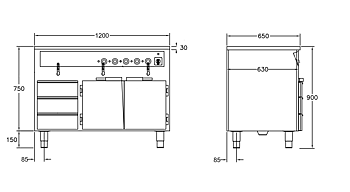 GastroTeknik - Vattenbad - 1200 x 650 x 900 mm - Underbyggt värmeskåp - 3 st värmda draglådor - 3 st brunnar