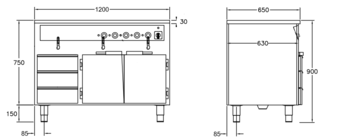 GastroTeknik - Vattenbad - 1200 x 650 x 900 mm - Underbyggt värmeskåp - 3 st värmda draglådor - 3 st brunnar