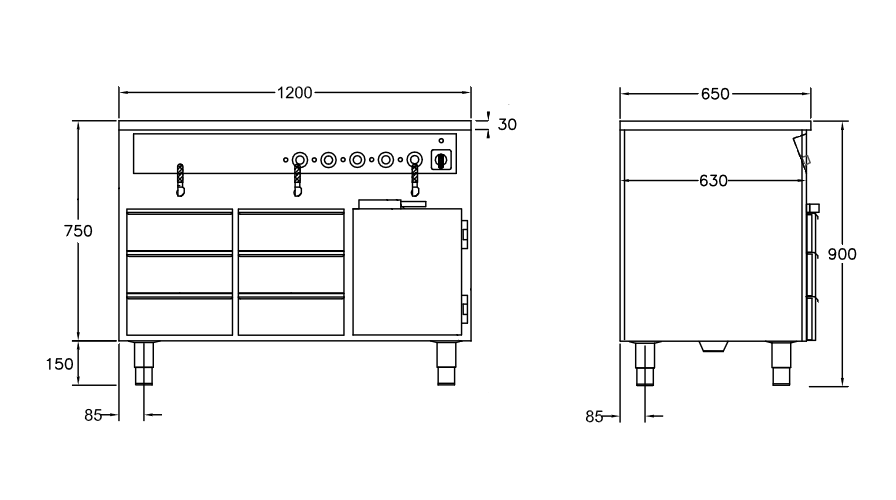 GastroTeknik - Vattenbad - 1200 x 650 x 900 mm - Underbyggt värmeskåp - 6 st värmda draglådor - 3 st brunnar