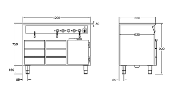 GastroTeknik - Vattenbad - 1200 x 650 x 900 mm - Underbyggt värmeskåp - 6 st värmda draglådor - 3 st brunnar