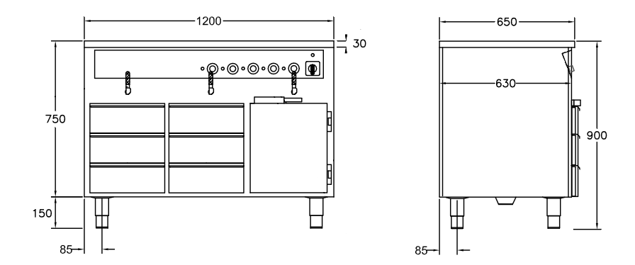 GastroTeknik - Vattenbad - 1200 x 650 x 900 mm - Underbyggt värmeskåp - 6 st värmda draglådor - 3 st brunnar