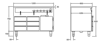 GastroTeknik - Vattenbad - 1200 x 650 x 900 mm - Underbyggt värmeskåp - 6 st värmda draglådor - 3 st brunnar