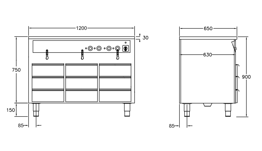 GastroTeknik - Vattenbad - 1200 x 650 x 900 mm - 9 st värmda draglådor - 3 st brunnar