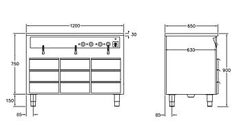 GastroTeknik - Vattenbad - 1200 x 650 x 900 mm - 9 st värmda draglådor - 3 st brunnar