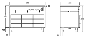 GastroTeknik - Vattenbad - 1200 x 650 x 900 mm - 9 st värmda draglådor - 3 st brunnar