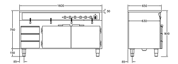 GastroTeknik - Vattenbad - 1600 x 650 x 900 mm - Underbyggt värmeskåp - 3 st värmda draglådor - 4 brunnar