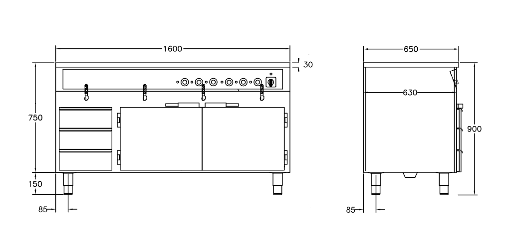 GastroTeknik - Vattenbad - 1600 x 650 x 900 mm - Underbyggt värmeskåp - 3 st värmda draglådor - 4 brunnar