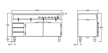 GastroTeknik - Vattenbad - 1600 x 650 x 900 mm - Underbyggt värmeskåp - 3 st värmda draglådor - 4 brunnar