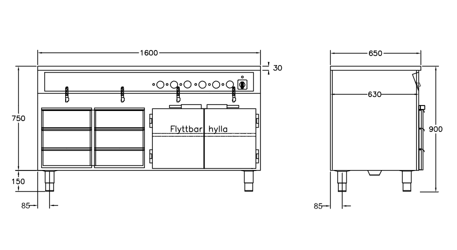 GastroTeknik - Vattenbad - 1600 x 650 x 900 mm - Underbyggt värmeskåp - 6 st värmda draglådor - 4 brunnar