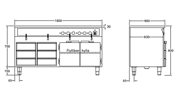 GastroTeknik - Vattenbad - 1600 x 650 x 900 mm - Underbyggt värmeskåp - 6 st värmda draglådor - 4 brunnar