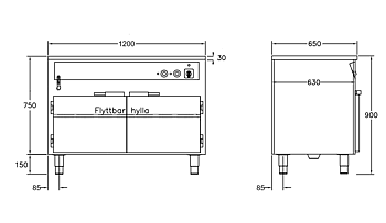 GastroTeknik - Vattenbad - 1200 x 650 x 900 mm - Underbyggt värmeskåp - Hel brunn med avdelare - 3 GN 1/1 200mm