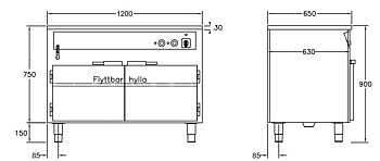 GastroTeknik - Vattenbad - 1200 x 650 x 900 mm - Underbyggt värmeskåp - Hel brunn med avdelare - 3 GN 1/1 200mm