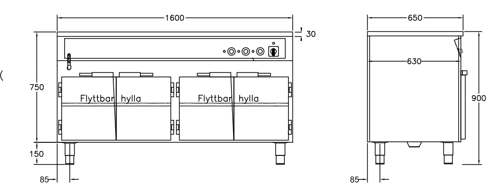 GastroTeknik - Vattenbad - 1600 x 650 x 900 mm - 4 dörrar - Underbyggt värmeskåp - Hel brunn med avdelare - 4 GN 1/1 200mm