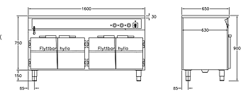 GastroTeknik - Vattenbad - 1600 x 650 x 900 mm - 4 dörrar - Underbyggt värmeskåp - Hel brunn med avdelare - 4 GN 1/1 200mm