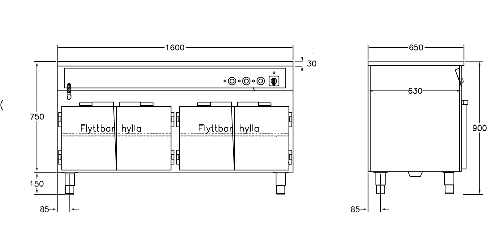GastroTeknik - Vattenbad - 1600 x 650 x 900 mm - 4 dörrar - Underbyggt värmeskåp - Hel brunn med avdelare - 4 GN 1/1 200mm