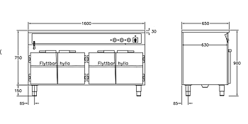 GastroTeknik - Vattenbad - 1600 x 650 x 900 mm - 4 dörrar - Underbyggt värmeskåp - Hel brunn med avdelare - 4 GN 1/1 200mm