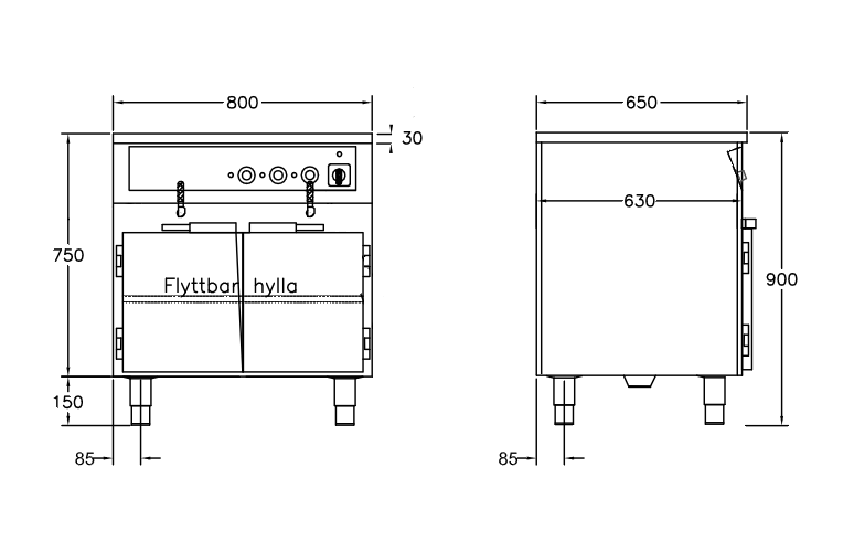 GastroTeknik - Vattenbad - 800 x 650 x 900 mm - Underbyggt värmeskåp - 2 brunnar