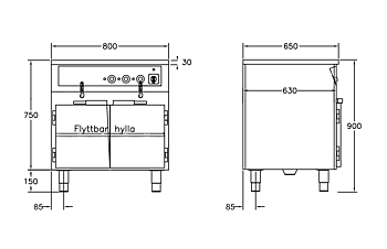 GastroTeknik - Vattenbad - 800 x 650 x 900 mm - Underbyggt värmeskåp - 2 brunnar
