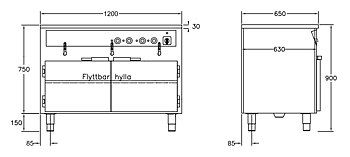 GastroTeknik - Vattenbad - 1200 x 650 x 900 mm - Underbyggt värmeskåp - 3 brunnar