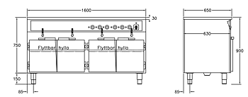 GastroTeknik - Vattenbad - 1600 x 650 x 900 mm - Underbyggt värmeskåp - 4 brunnar - 4 dörrar