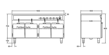 GastroTeknik - Vattenbad - 1600 x 650 x 900 mm - Underbyggt värmeskåp - 4 brunnar - 4 dörrar