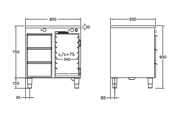 GastroTeknik - Värmehurts - 800 x 650 x 900 mm - 3 st lådor för GN 1/1 150 mm - Samt värmeskåp med slagdörr