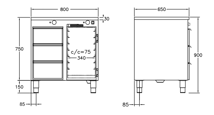 GastroTeknik - Värmehurts - 800 x 650 x 900 mm - 3 st lådor för GN 1/1 150 mm - Samt värmeskåp med slagdörr