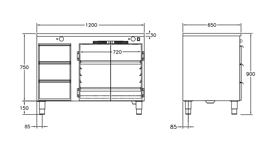 GastroTeknik - Värmehurts - 1200 x 650 x 900 mm - 3 st lådor för GN 1/1 150 mm - Samt dubbelt värmeskåp med slagdörrar