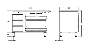 GastroTeknik - Värmehurts - 1200 x 650 x 900 mm - 3 st lådor för GN 1/1 150 mm - Samt dubbelt värmeskåp med slagdörrar